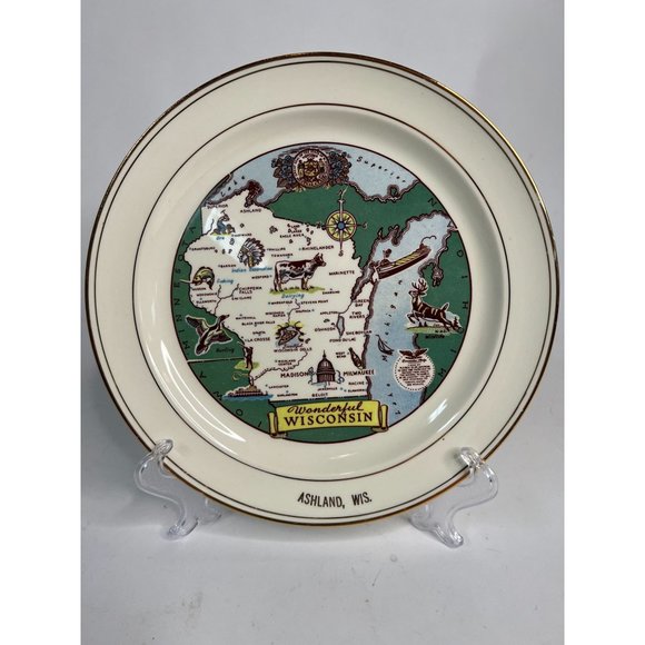 Taylor Smith Taylor Ashland Wisconsin State Plate  9" Diameter white, green   Ce - Picture 2 of 16